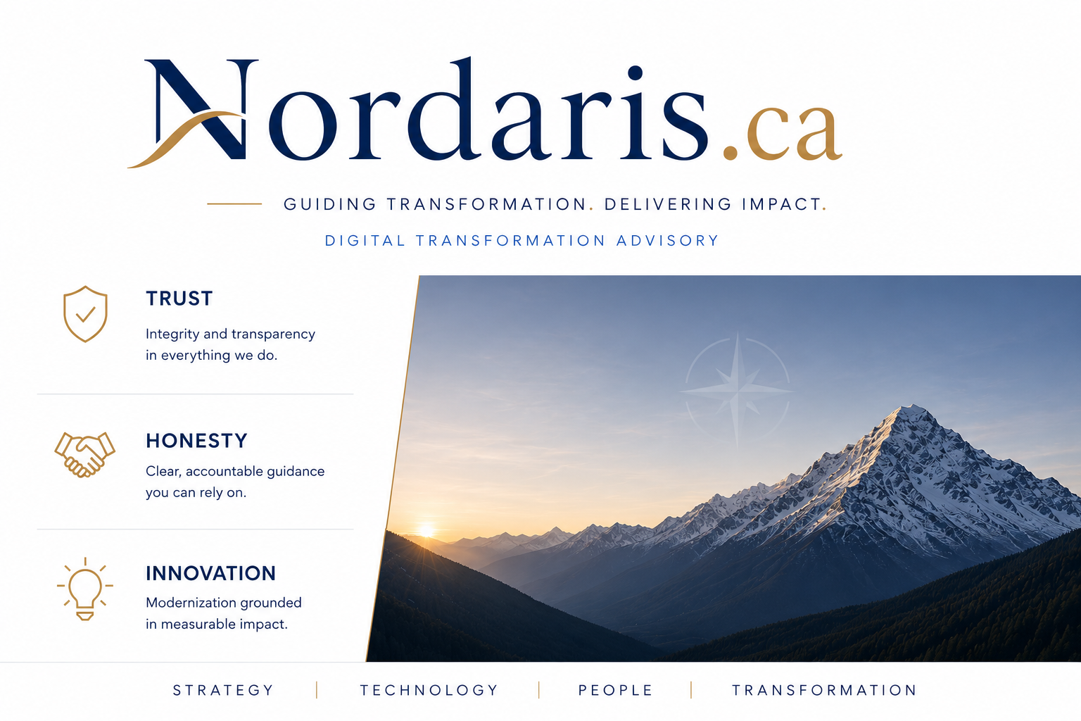 Nordaris brand visual showing the Nordaris.ca logo, trust, honesty, innovation, and a mountain landscape representing strategy, technology, people, and transformation.
